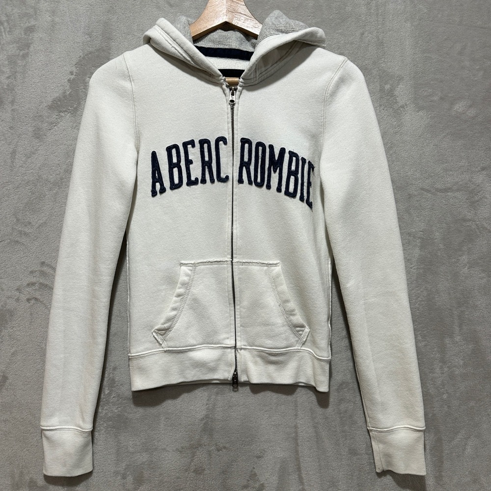 VTG Y2K Abercrombie Ivory White Full Zip Hoodie Slim Sweatshirt Spellout Logo